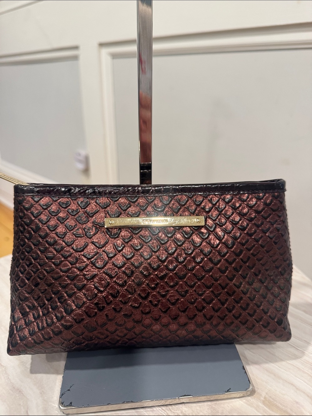 Brahmin Bag Elisa Brown Purple Python Embossed Satchel with Matching Pouch - Picture 11 of 17